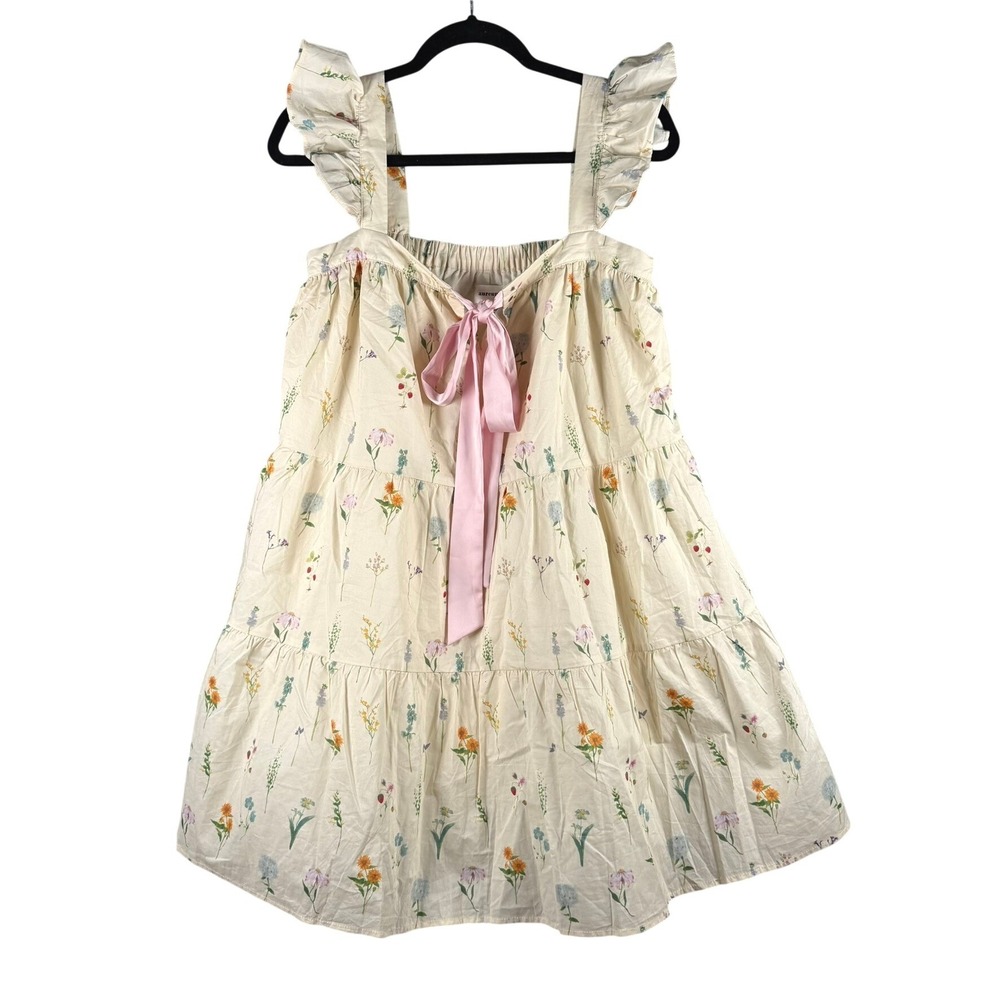 Aureum Womens Medium Dress Cream Floral Ruffle Tiered Tie Front Bow Cottagecore